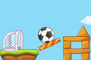 Futbalová lopta vo vzduchu medzi futbalovou bránkou a drevenými blokmi na modrom pozadí