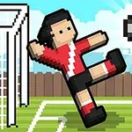 Postavička s pixelovým vzhľadom v červenom drese kopá do čiernobielej lopty pred futbalovou bránkou na ihrisku