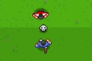 Dva pixelové postavičky v červenom a modrom drese smerujú k futbalovej lopte na zelenej ihrisku