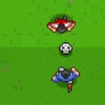 Dva pixelové postavičky v červenom a modrom drese smerujú k futbalovej lopte na zelenej ihrisku