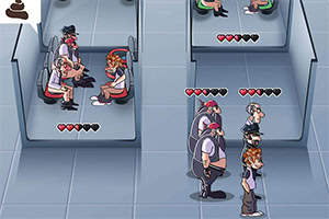 Dva páry sediace v oddeľovacích kabínkach a dve ďalšie osoby stojace vedľa seba na svetlošedej dlažbe, s farebnými srdcovými ukazovateľmi nad nimi