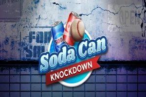 Logo s dvoma plechovkami sódy a baseballovou loptou na modrom grafickom pozadí s nápisom Soda Can Knockdown
