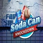 Logo s dvoma plechovkami sódy a baseballovou loptou na modrom grafickom pozadí s nápisom Soda Can Knockdown