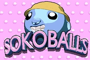 Modrá guľatá postavička s béžovým klobúkom a nápisom Sokoballs na ružovom pozadí s bielymi bodkami