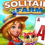 Usmievajúca sa žena v klobúku so šatkou a mačka vedľa hracích kariet, v pozadí farma s ovocím a zeleninou