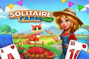 Mladá farmárka s klobúkom stojí vedľa mačky, košíka červeného ovocia a hracích kariet pod farebnými vlajočkami