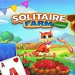 Mladá farmárka s klobúkom stojí vedľa mačky, košíka červeného ovocia a hracích kariet pod farebnými vlajočkami