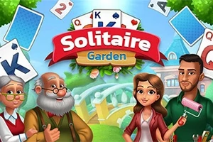 Kreslená ilustrácia štyroch postáv pred mostom s veľkými kartami na pozadí a nápisom Solitaire Garden