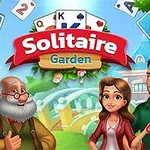 Kreslená ilustrácia štyroch postáv pred mostom s veľkými kartami na pozadí a nápisom Solitaire Garden