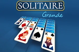 Hracie karty rozložené na modrom pozadí s nápisom Solitaire Grande