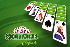 Zelené pozadie s kartami, na ktorých sú zobrazené herci a symboly, spolu s textovým logom Solitaire Legend
