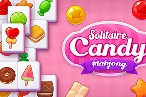Svetlo ružové pozadie s dlaždicami zobrazujúcimi sladkosti ako lízatká a cukríky, vedľa nápisu Solitaire Candy Mahjong