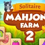 Ilustrácia s nápisom Solitaire Mahjong Farm 2 obklopeným zvieratami, plodinami a symbolmi farmy na farebnom pozadí