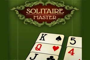 Zelené pozadie s dekoratívnym nápisom Solitaire Master a kartami kráľa, dámy, päťky, štvorky a dolníka