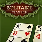 Zelené pozadie s dekoratívnym nápisom Solitaire Master a kartami kráľa, dámy, päťky, štvorky a dolníka