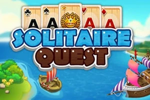 Názov Solitaire Quest s kartami a farebnými loďami na mori