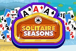 Farebné logo s nápisom „Solitaire Seasons“ obklopené hracími kartami rôznych farieb a hodnôt