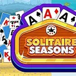 Farebné logo s nápisom „Solitaire Seasons“ obklopené hracími kartami rôznych farieb a hodnôt