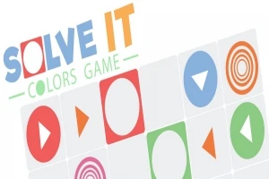 Nápis Solve It Colors Game s farebnými geometrickými tvarmi na bielom pozadí