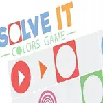 Nápis Solve It Colors Game s farebnými geometrickými tvarmi na bielom pozadí