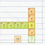 Farebné očíslované bloky s matematickými znakmi (+, =) usporiadané na mriežkovanom papieri