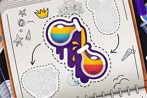 Dvojica farebných fľaštičiek s dúhovými tekutinami na stránke zošita obklopená kresbami a symbolmi, ako korunka a zmrzlina