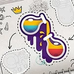 Dvojica farebných fľaštičiek s dúhovými tekutinami na stránke zošita obklopená kresbami a symbolmi, ako korunka a zmrzlina
