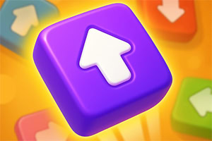 Fialová kocka so šípkou smerujúcou nahor obklopená ďalšími farebnými kockami na žltom pozadí