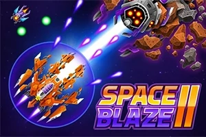 Oranžová vesmírna loď s energetickým štítom bojuje proti veži strieľajúcej laser na pozadí asteroidu, s textom Space Blaze II