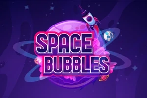 Na obrázku je fialovo-modrá planéta s prstencami a bublinami vo vesmíre, nad ktorou je umiestnená raketa a text Space Bubbles