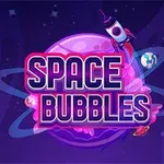 Na obrázku je fialovo-modrá planéta s prstencami a bublinami vo vesmíre, nad ktorou je umiestnená raketa a text Space Bubbles