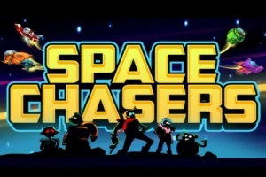 Siluety postáv a zvierat pred svetelným nápisom SPACE CHASERS na vesmírnom pozadí s lietajúcimi loďami