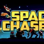 Siluety postáv a zvierat pred svetelným nápisom SPACE CHASERS na vesmírnom pozadí s lietajúcimi loďami