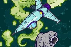 Vesmírna loď letí okolo asteroidu v prostredí plnom zelených plynových mrakov