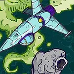 Vesmírna loď letí okolo asteroidu v prostredí plnom zelených plynových mrakov