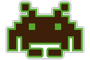 Pixelová grafika príšerky s hnedou výplňou a zeleným obrysom zložená z hranatých tvarov