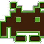Pixelová grafika príšerky s hnedou výplňou a zeleným obrysom zložená z hranatých tvarov