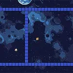Postava sa pohybuje v modro-čiernom vesmírnom labyrinte s planetami a hviezdami v pozadí