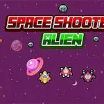 Vesmírna scéna s nápisom Space Shooter Alien, obsahujúca farebné planéty, mimozemšťanov a vesmírne lode na fialovom pozadí