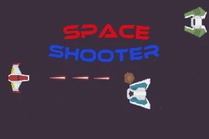 Vesmírna scéna s tromi vesmírnymi loďami, červenými laserovými výstrelmi a nápisom SPACE SHOOTER v strede