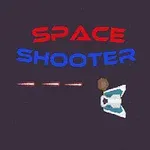 Vesmírna scéna s tromi vesmírnymi loďami, červenými laserovými výstrelmi a nápisom SPACE SHOOTER v strede