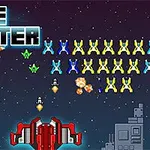 Veľká červená vesmírna loď s modrým a žltým protivníkom v retro pixelovom štýle na hviezdnom pozadí