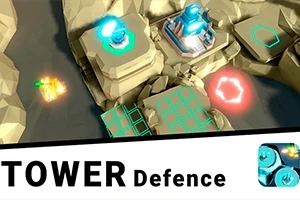 Izometrický pohľad na hernú mapu s vežami, farebnými svetelnými efektmi a textom TOWER Defence