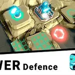 Izometrický pohľad na hernú mapu s vežami, farebnými svetelnými efektmi a textom TOWER Defence