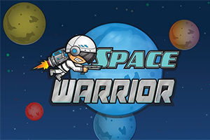 Astronaut v skafandri s raketovým pohonom letí v priestore s viacerými farebnými planétami na modrom pozadí, s textom Space Warrior