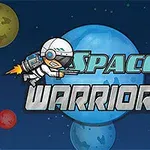 Astronaut v skafandri s raketovým pohonom letí v priestore s viacerými farebnými planétami na modrom pozadí, s textom Space Warrior