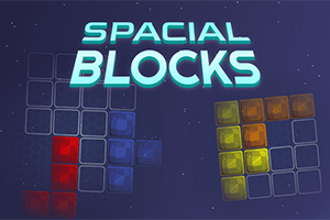 Názov Spacial Blocks svieti nad farebnými blokmi červených a žltých kociek na tmavomodrom pozadí s hviezdami