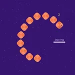 Had v oranžovej farbe sa zakrýva do tvaru písmena C na fialovom pozadí s hviezdičkami a zobrazuje text 2 a Starving