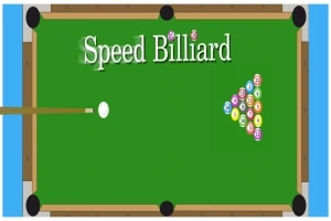 Biliardový stôl s nápisom Speed Billiard a rozloženými farebnými guľami v tvare trojuholníka