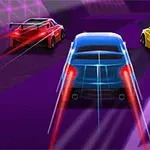 Tri športové autá v červenej, modrej a žltej farbe na futuristickej trati s neonovými pruhmi